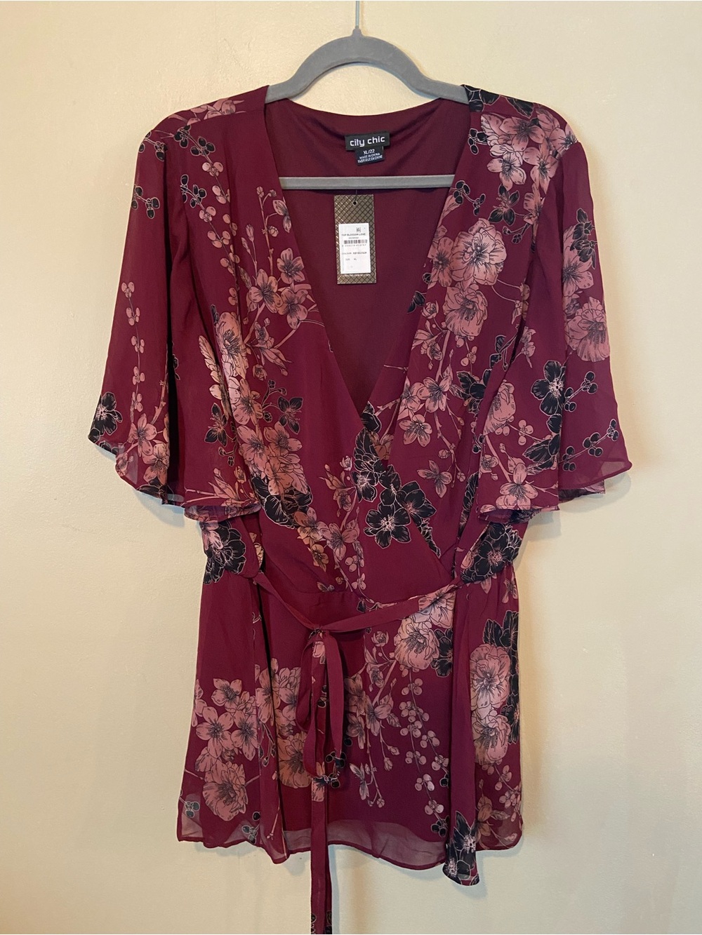 City Chic Burgundy Floral Wrap Blouse with Tie Waist